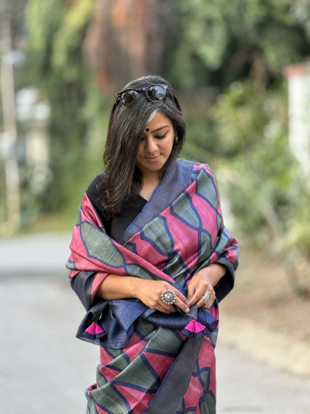 MAGENTA-SAGE BLOCK PRINT TUSSAR SILK SARI