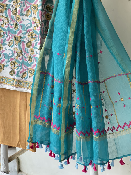 OFF WHITE & AQUA PHULWARI HAND EMBROIDERED KOTA DUPATTA SET