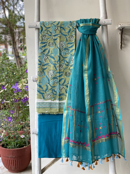 MINT GREEN & AQUA PHULWARI HAND EMBROIDERED KOTA DUPATTA SET