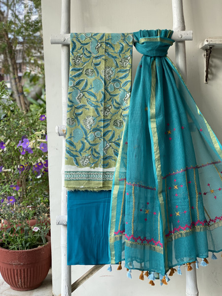 MINT GREEN & AQUA PHULWARI HAND EMBROIDERED KOTA DUPATTA SET