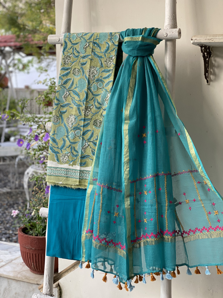 Image of MINT GREEN &amp; AQUA PHULWARI HAND EMBROIDERED KOTA DUPATTA SET