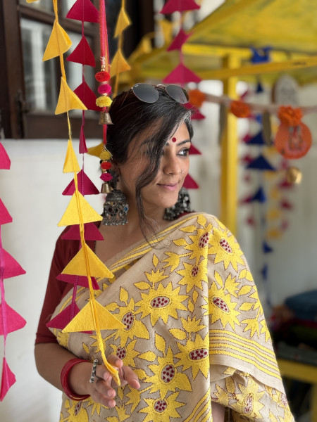 BEIGE KANTHA HAND EMBROIDERED TUSSAR  SILK SARI