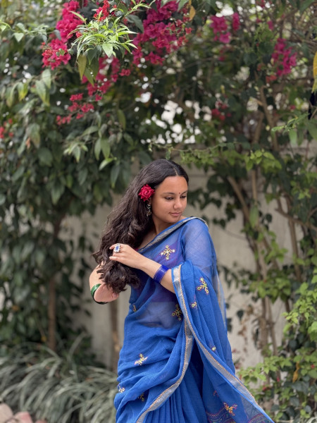BLUE KOTA COTTON HAND EMBROIDERED SARI