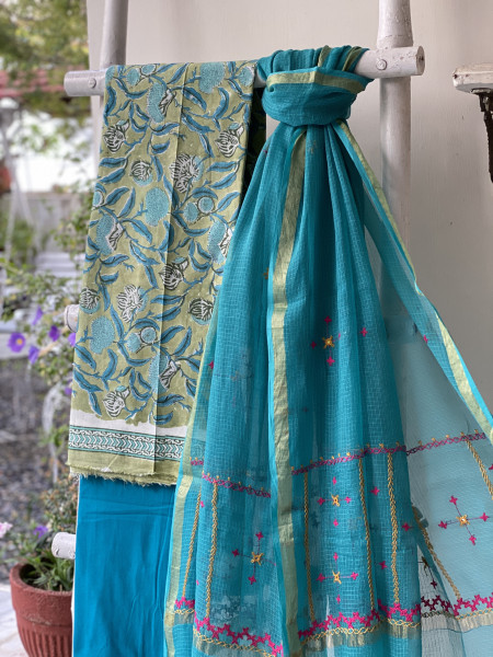 MINT GREEN & AQUA PHULWARI HAND EMBROIDERED KOTA DUPATTA SET