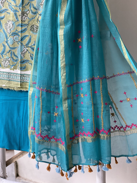 MINT GREEN & AQUA PHULWARI HAND EMBROIDERED KOTA DUPATTA SET