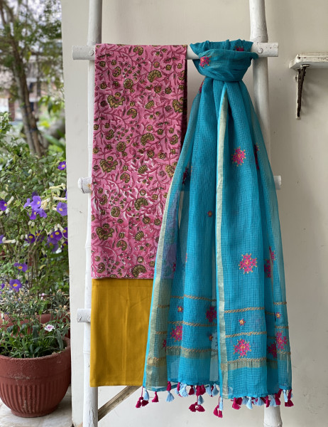 PINK & AQUA PHULWARI HAND EMBROIDERED KOTA DUPATTA SET