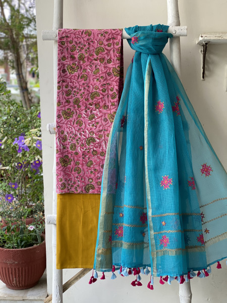 PINK & AQUA PHULWARI HAND EMBROIDERED KOTA DUPATTA SET
