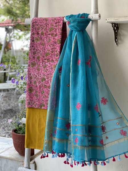 PINK & AQUA PHULWARI HAND EMBROIDERED KOTA DUPATTA SET