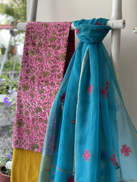 PINK & AQUA PHULWARI HAND EMBROIDERED KOTA DUPATTA SET