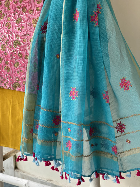 PINK & AQUA PHULWARI HAND EMBROIDERED KOTA DUPATTA SET