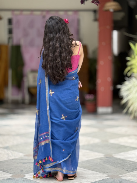 BLUE KOTA COTTON HAND EMBROIDERED SARI