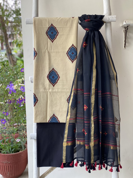 BEIGE & BLACK PHULWARI HAND EMBROIDERED KOTA DUPATTA SET