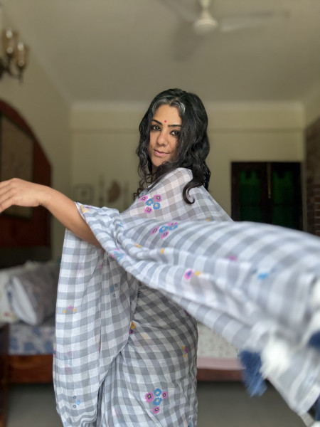 GREY GINGHAM CHECKS WITH HAND PAINTING MULMUL COTTON SARI