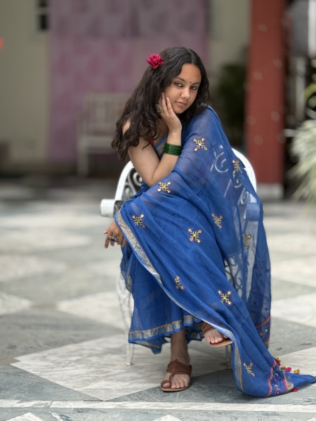 BLUE KOTA COTTON HAND EMBROIDERED SARI