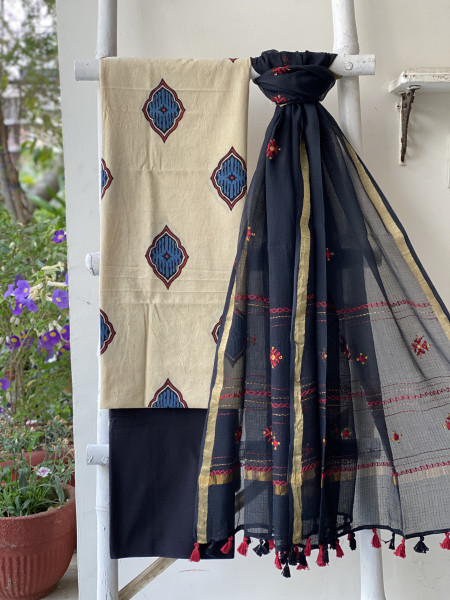 BEIGE & BLACK PHULWARI HAND EMBROIDERED KOTA DUPATTA SET