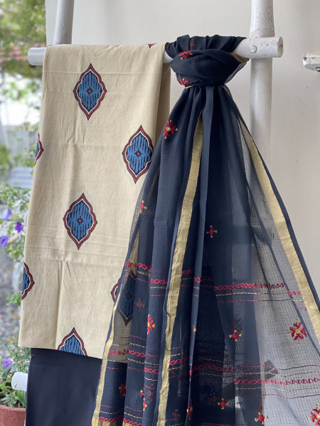BEIGE & BLACK PHULWARI HAND EMBROIDERED KOTA DUPATTA SET