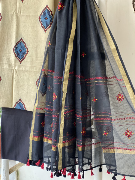 BEIGE & BLACK PHULWARI HAND EMBROIDERED KOTA DUPATTA SET