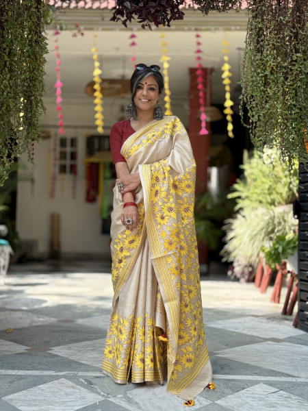 BEIGE KANTHA HAND EMBROIDERED TUSSAR  SILK SARI