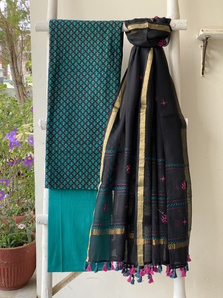 BLACK-TEAL & BLACK PHULWARI HAND EMBROIDERED KOTA DUPATTA SET