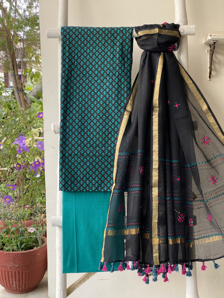 BLACK-TEAL & BLACK PHULWARI HAND EMBROIDERED KOTA DUPATTA SET