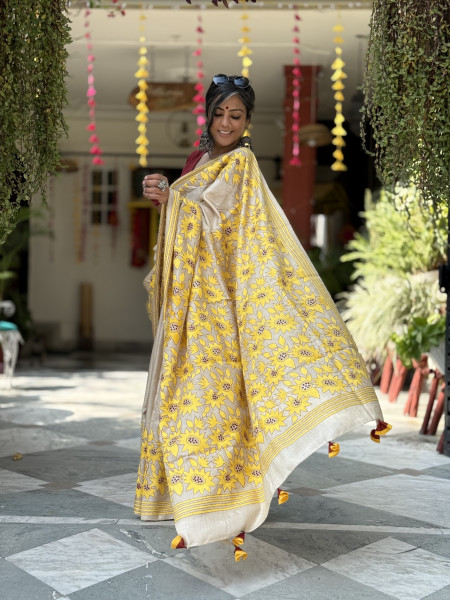 BEIGE KANTHA HAND EMBROIDERED TUSSAR  SILK SARI