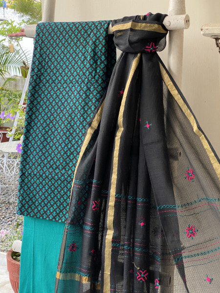 BLACK-TEAL & BLACK PHULWARI HAND EMBROIDERED KOTA DUPATTA SET