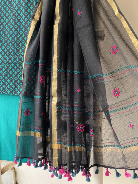 BLACK-TEAL & BLACK PHULWARI HAND EMBROIDERED KOTA DUPATTA SET