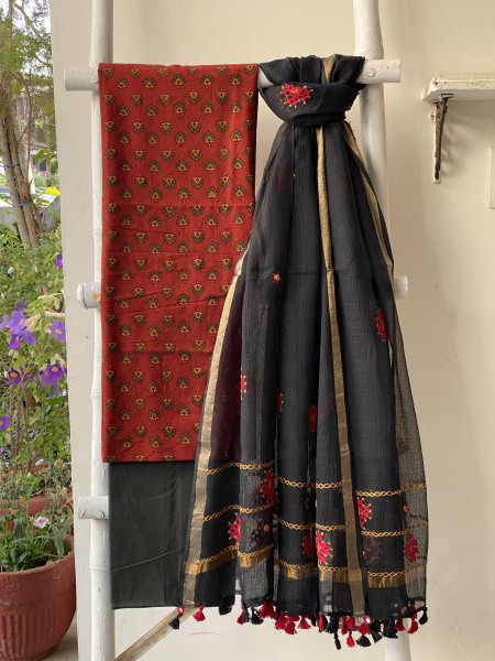 MAROON & BLACK PHULWARI HAND EMBROIDERED KOTA DUPATTA SET
