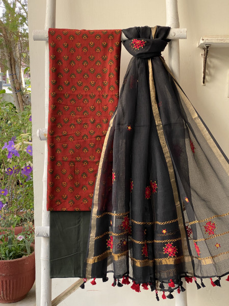 MAROON & BLACK PHULWARI HAND EMBROIDERED KOTA DUPATTA SET