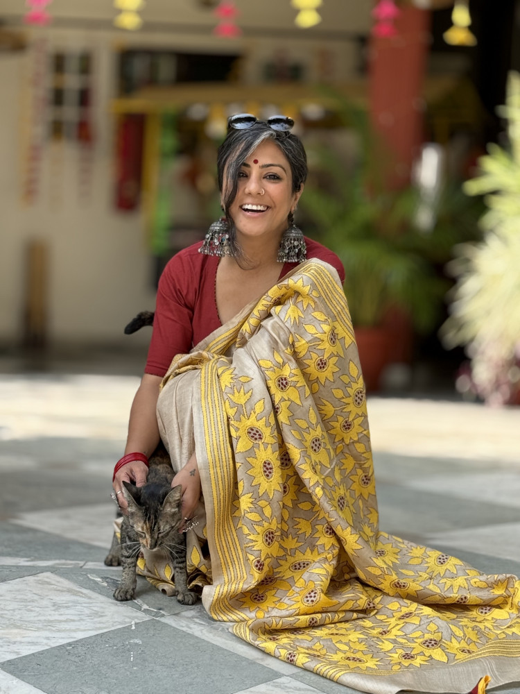 Image of BEIGE KANTHA HAND EMBROIDERED TUSSAR  SILK SARI