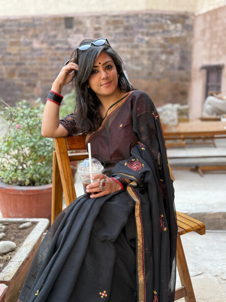 BLACK  KOTA COTTON HAND EMBROIDERED SARI