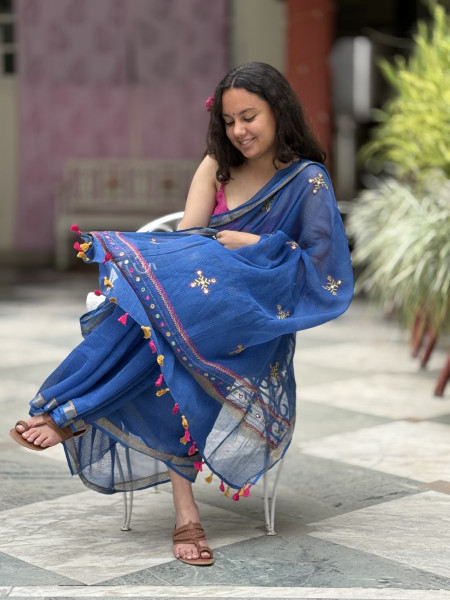 BLUE KOTA COTTON HAND EMBROIDERED SARI