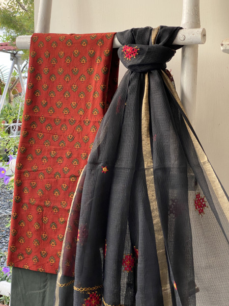 MAROON & BLACK PHULWARI HAND EMBROIDERED KOTA DUPATTA SET