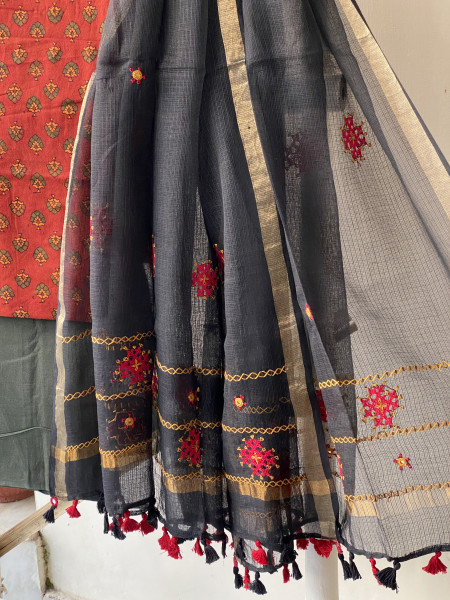 MAROON & BLACK PHULWARI HAND EMBROIDERED KOTA DUPATTA SET