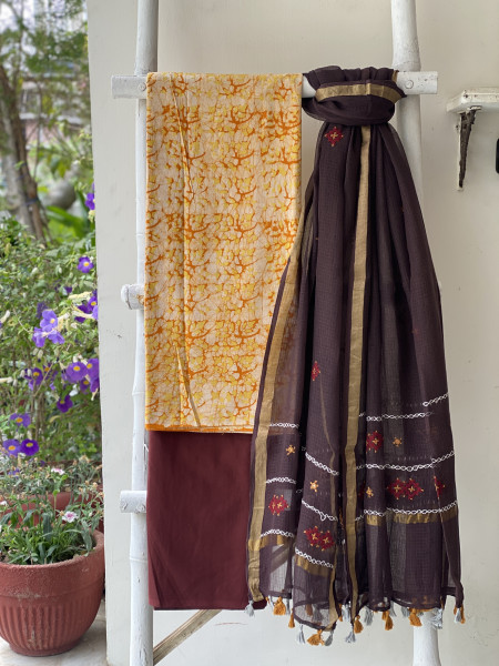 YELLOW & BROWN PHULWARI HAND EMBROIDERED KOTA DUPATTA SET