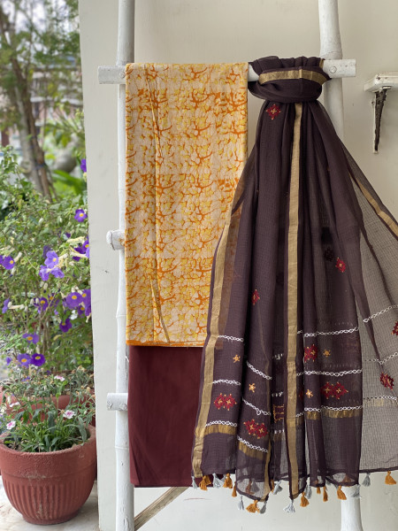 YELLOW & BROWN PHULWARI HAND EMBROIDERED KOTA DUPATTA SET