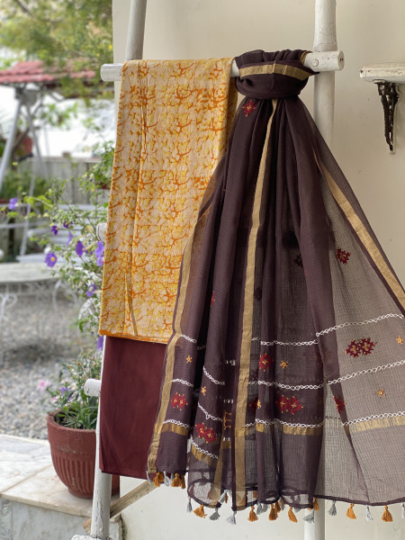 YELLOW & BROWN PHULWARI HAND EMBROIDERED KOTA DUPATTA SET