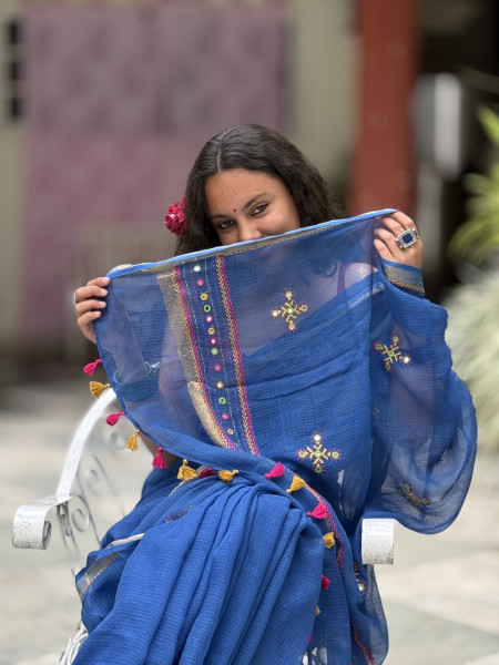BLUE KOTA COTTON HAND EMBROIDERED SARI