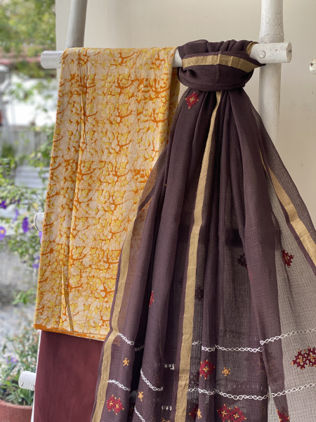 YELLOW & BROWN PHULWARI HAND EMBROIDERED KOTA DUPATTA SET