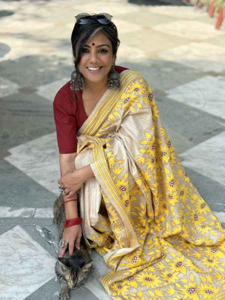 BEIGE KANTHA HAND EMBROIDERED TUSSAR  SILK SARI