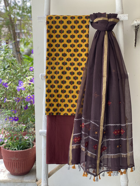 MUSTARD & BROWN PHULWARI HAND EMBROIDERED KOTA DUPATTA SET
