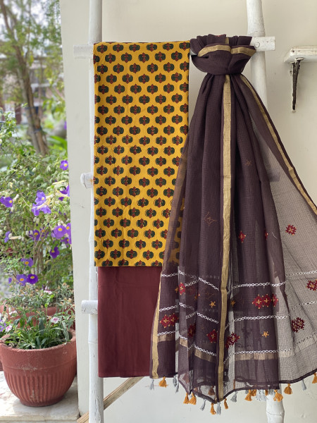 MUSTARD & BROWN PHULWARI HAND EMBROIDERED KOTA DUPATTA SET