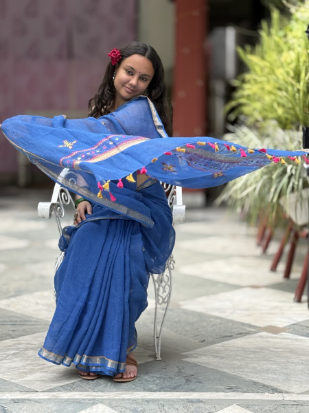 BLUE KOTA COTTON HAND EMBROIDERED SARI