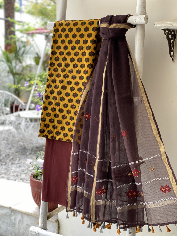 Image of MUSTARD &amp; BROWN PHULWARI HAND EMBROIDERED KOTA DUPATTA SET