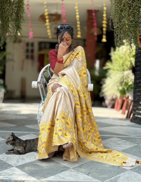 BEIGE KANTHA HAND EMBROIDERED TUSSAR  SILK SARI