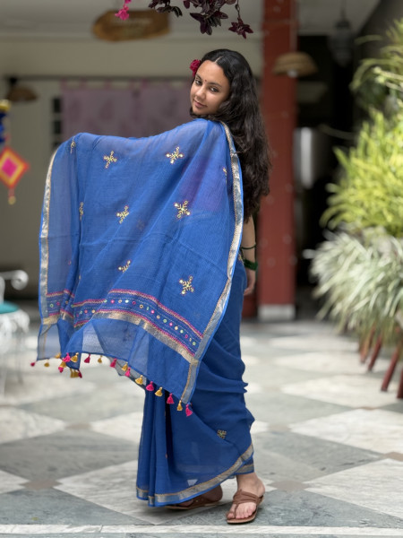 BLUE KOTA COTTON HAND EMBROIDERED SARI