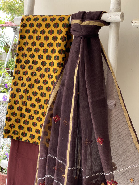 MUSTARD & BROWN PHULWARI HAND EMBROIDERED KOTA DUPATTA SET