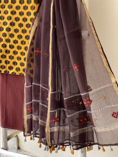 MUSTARD & BROWN PHULWARI HAND EMBROIDERED KOTA DUPATTA SET