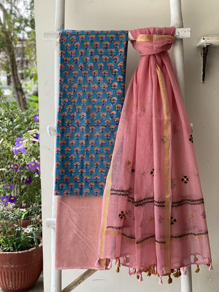 BLUE & PEACH PHULWARI HAND EMBROIDERED KOTA DUPATTA SET