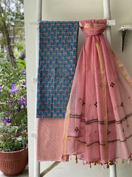 BLUE & PEACH PHULWARI HAND EMBROIDERED KOTA DUPATTA SET